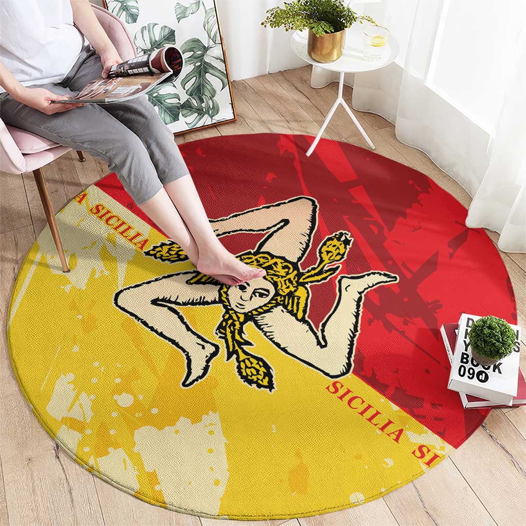 Round red and yellow carpet with Sicilian angel emblem and visible “SICILIA” text