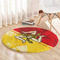 Round carpet with red and yellow Sicilian flag style, central angel emblem design