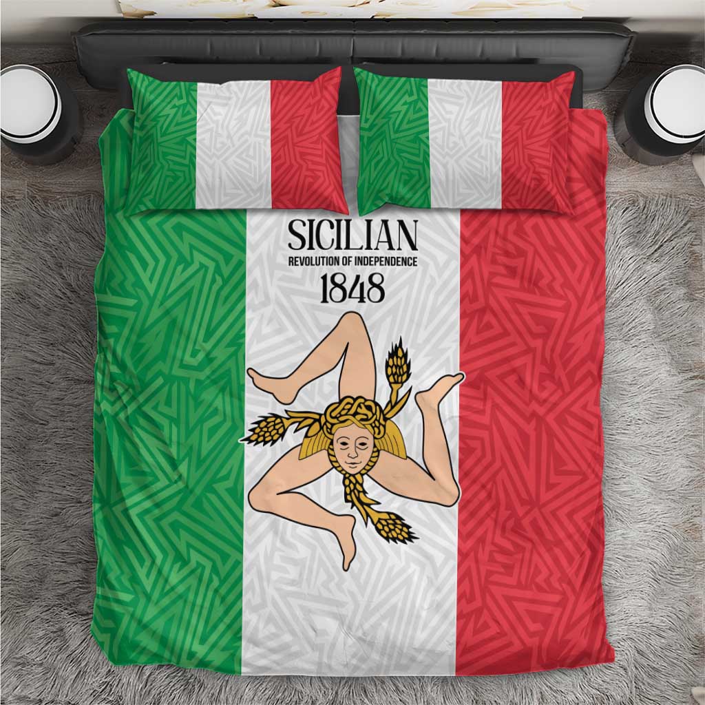 Bedding set with green, white, and red vertical stripes and a central illustrated figure