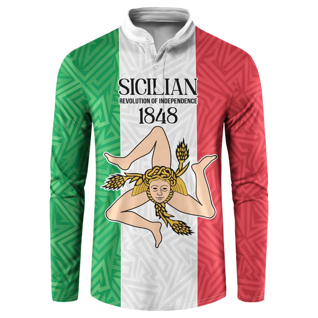 Tri-color button sweatshirt with front graphic, green red and white panels