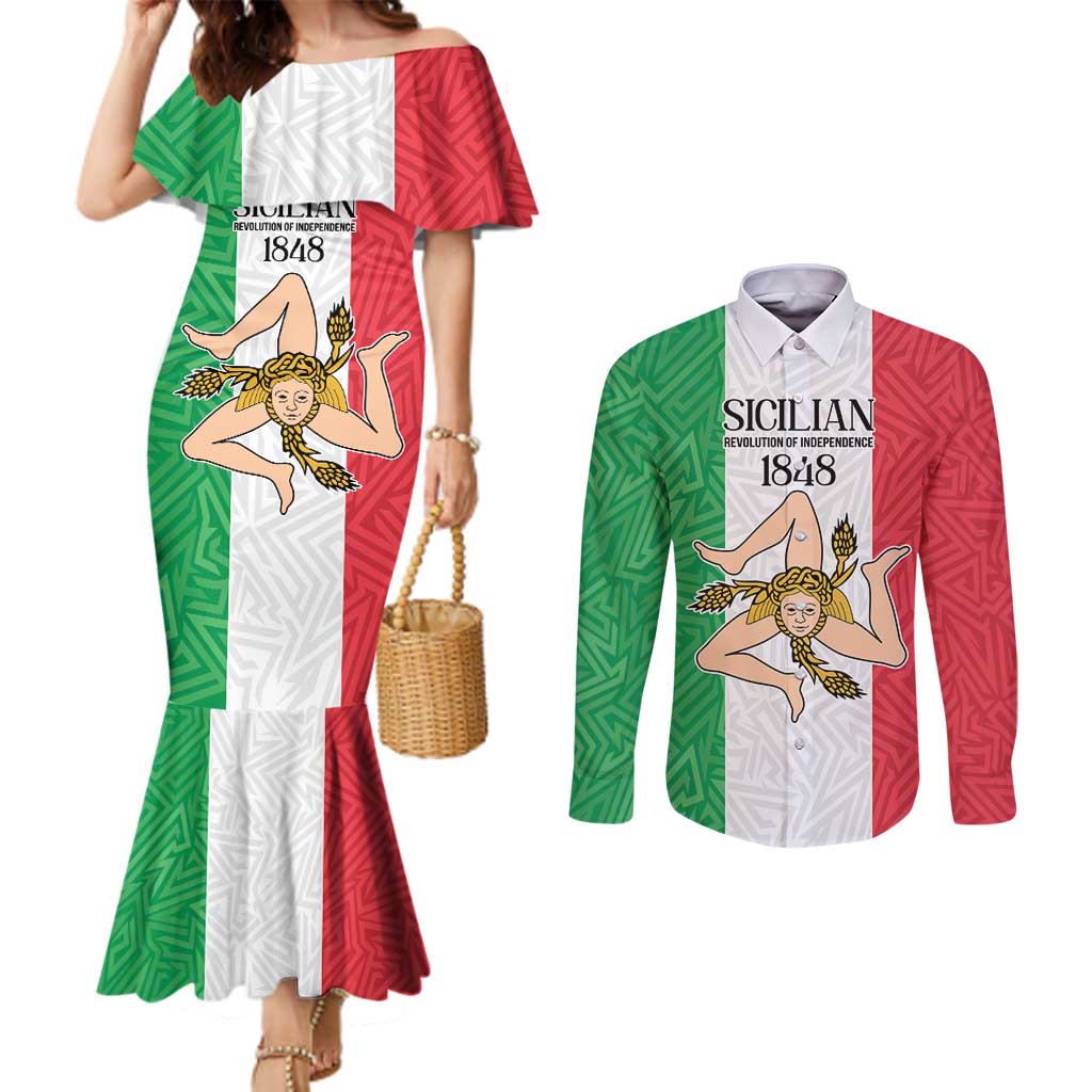 Sicilian Revolution of 1848 Couples Matching Mermaid Dress and Long Sleeve Button Shirt Bandiera del Regno di Sicilia 1848-1849