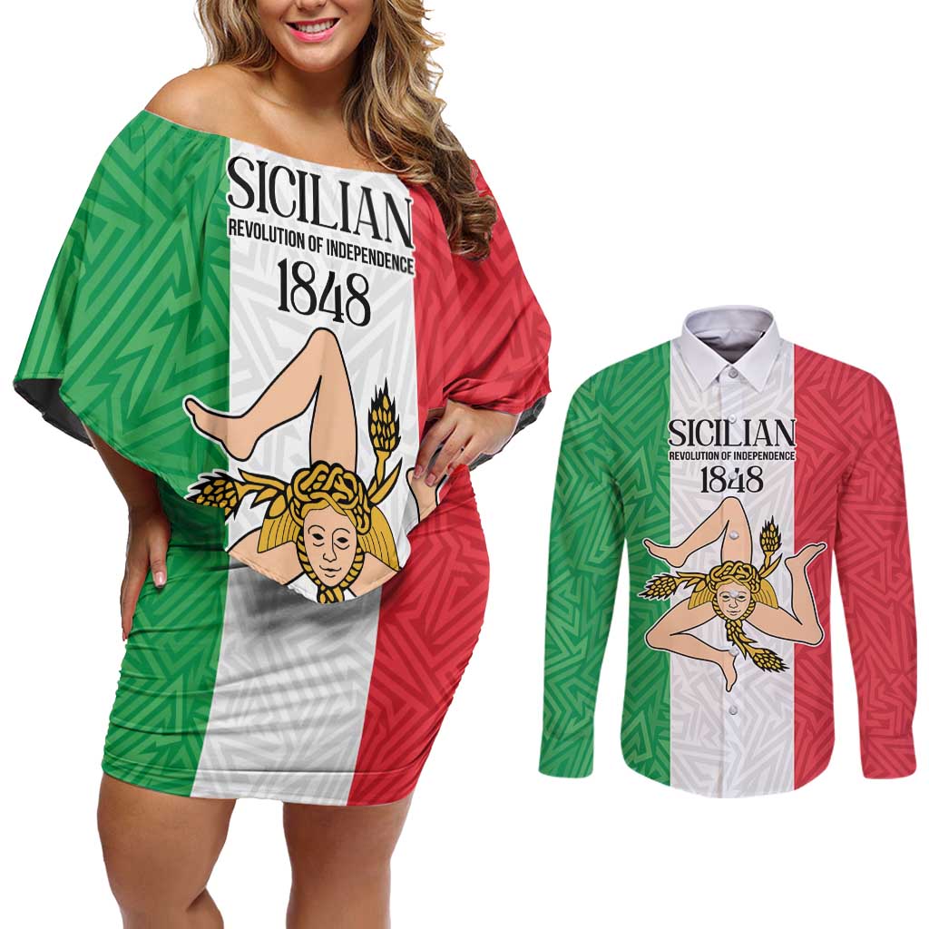 Sicilian Revolution of 1848 Couples Matching Off Shoulder Short Dress and Long Sleeve Button Shirt Bandiera del Regno di Sicilia 1848-1849 LT9 - Wonder Print Shop