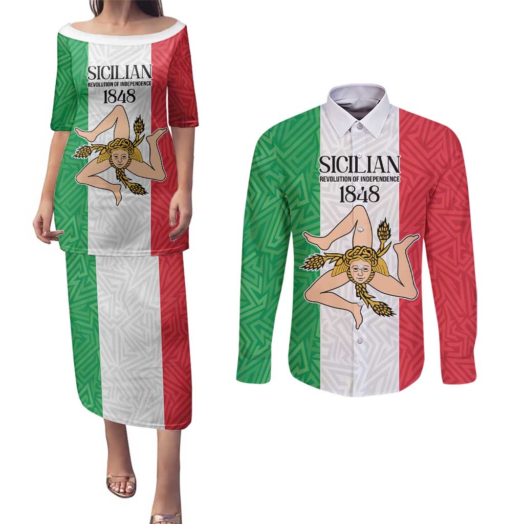 Sicilian Revolution of 1848 Couples Matching Puletasi and Long Sleeve Button Shirt Bandiera del Regno di Sicilia 1848-1849 LT9 - Wonder Print Shop