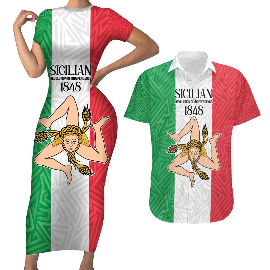 Sicilian Revolution of 1848 Couples Matching Short Sleeve Bodycon Dress and Hawaiian Shirt Bandiera del Regno di Sicilia 1848-1849 LT9 - Wonder Print Shop