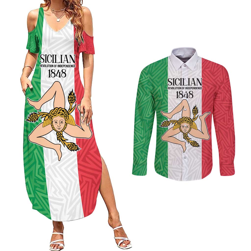 Sicilian Revolution of 1848 Couples Matching Summer Maxi Dress and Long Sleeve Button Shirt Bandiera del Regno di Sicilia 1848-1849 LT9 - Wonder Print Shop