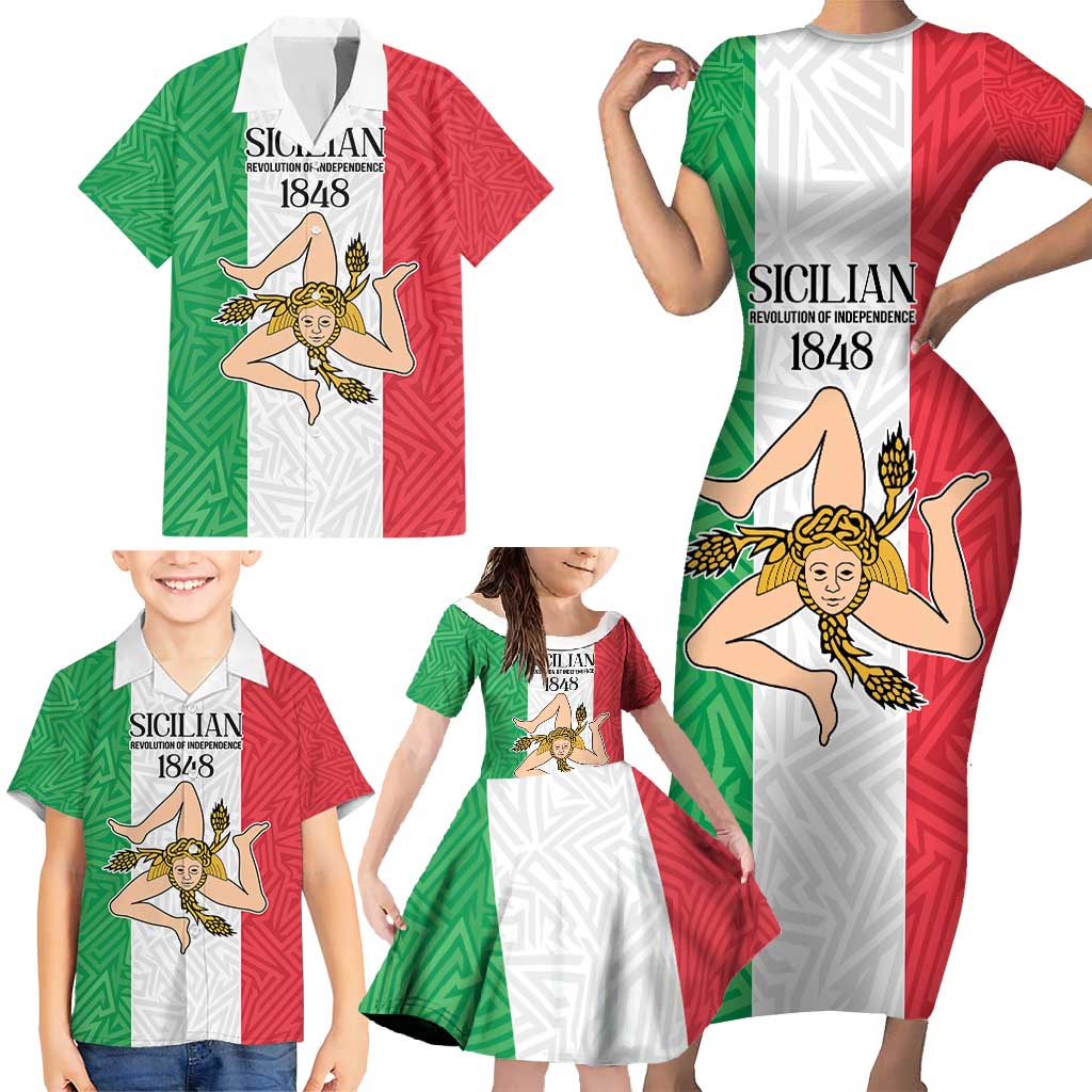 Sicilian Revolution of 1848 Family Matching Short Sleeve Bodycon Dress and Hawaiian Shirt Bandiera del Regno di Sicilia 1848-1849 - Wonder Print Shop