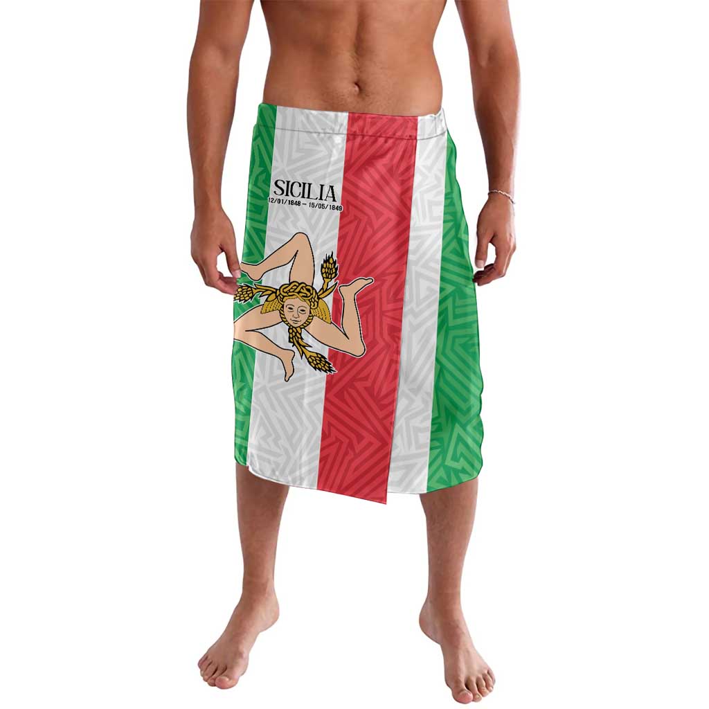 Lavalava wrap skirt with green, white, and red vertical stripes and Sicily graphic