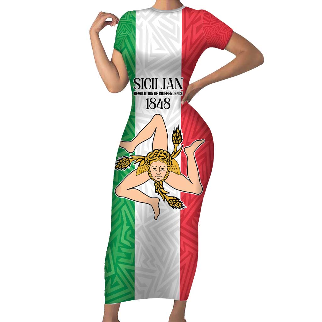 Sicilian Revolution of 1848 Short Sleeve Bodycon Dress Bandiera del Regno di Sicilia 1848-1849