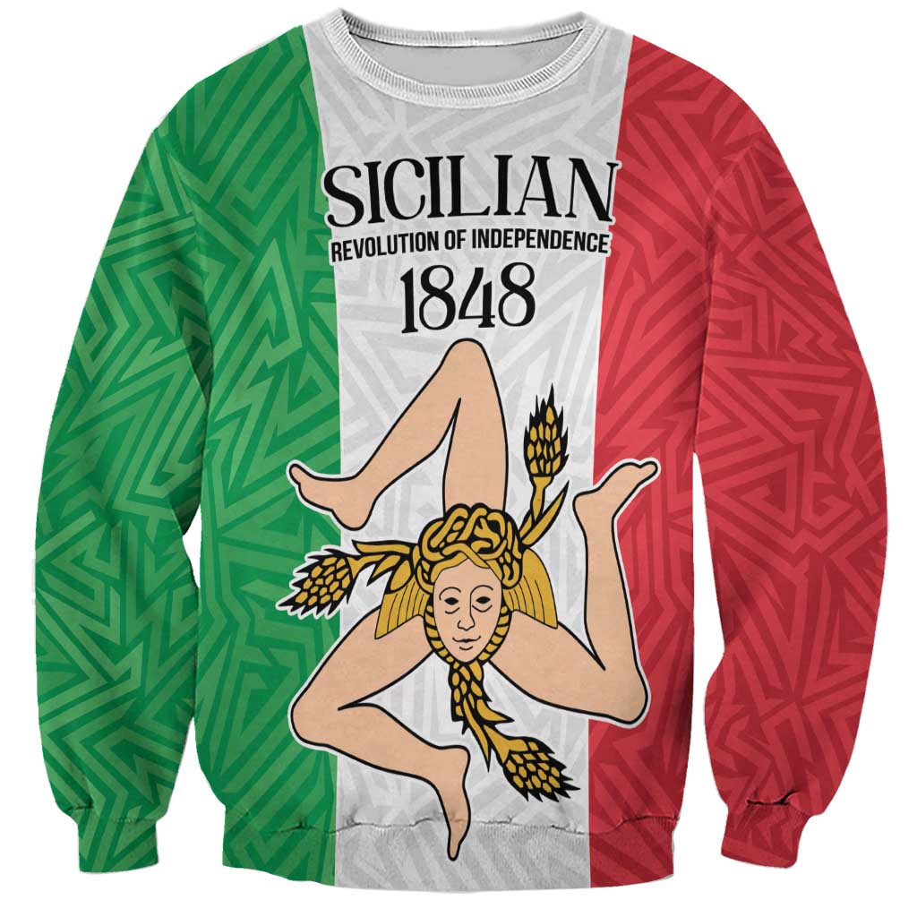 Unisex graphic sweatshirt, white base with green/red panels and Sicilian 1848 print