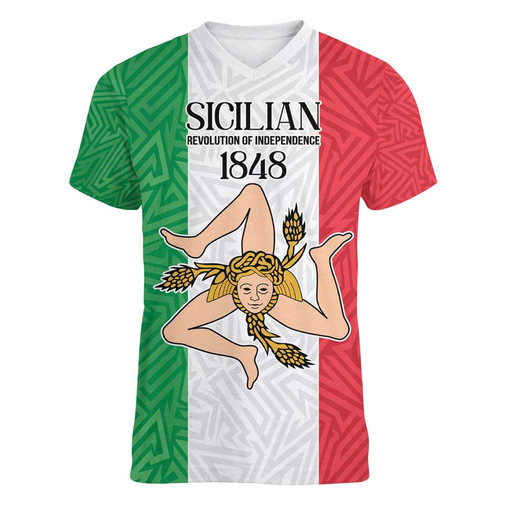 Sicilian Revolution of 1848 Women V-Neck T-Shirt Bandiera del Regno di Sicilia 1848-1849