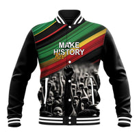 Black unisex baseball jacket with striped collar, button front, "Make His Story" graphic
