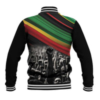Black baseball jacket with striped green-red panel, crowd photo graphic, ribbed cuffs