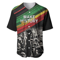 Black baseball jersey with green/red/yellow diagonal stripe, “Make History” front graphic, buttons