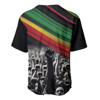 Black baseball jersey with green/red/yellow stripe across shoulders and raised-fist crowd print
