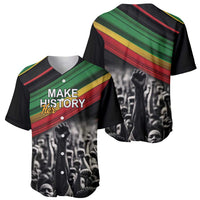 Black baseball jerseys: front “Make History” graphic and back with stripe and crowd fist print