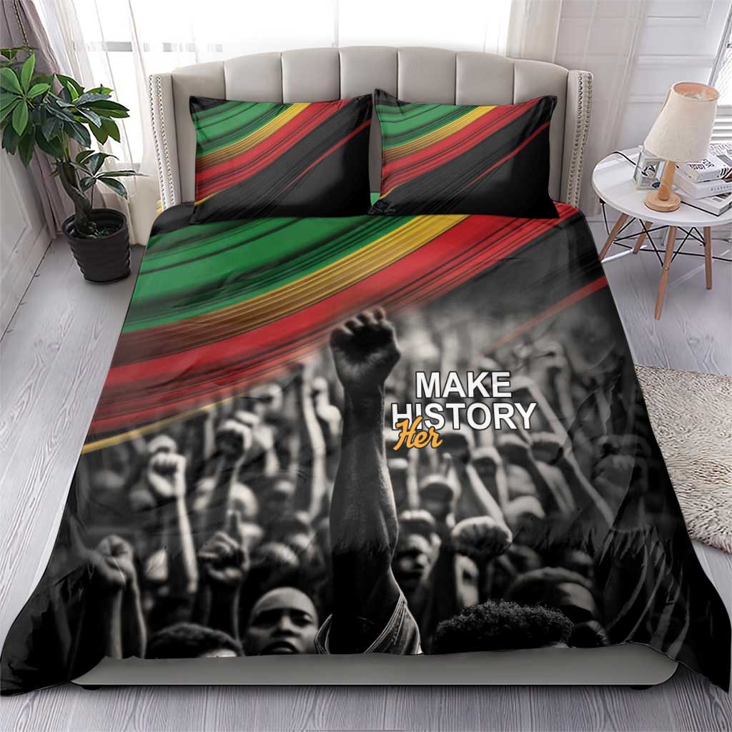 Black bedding set with two pillowcases, crowd portrait duvet and green-red stripe bands