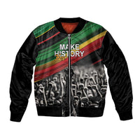 Black bomber jacket with front zipper, ribbed cuffs, crowd photo panel, stripe print