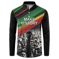 Black button-front sweatshirt with Make History Her print, Pan-African stripes and fist graphic