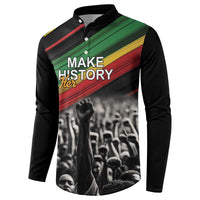 Black button-front long-sleeve sweatshirt with Make History Her text and fist rally photo
