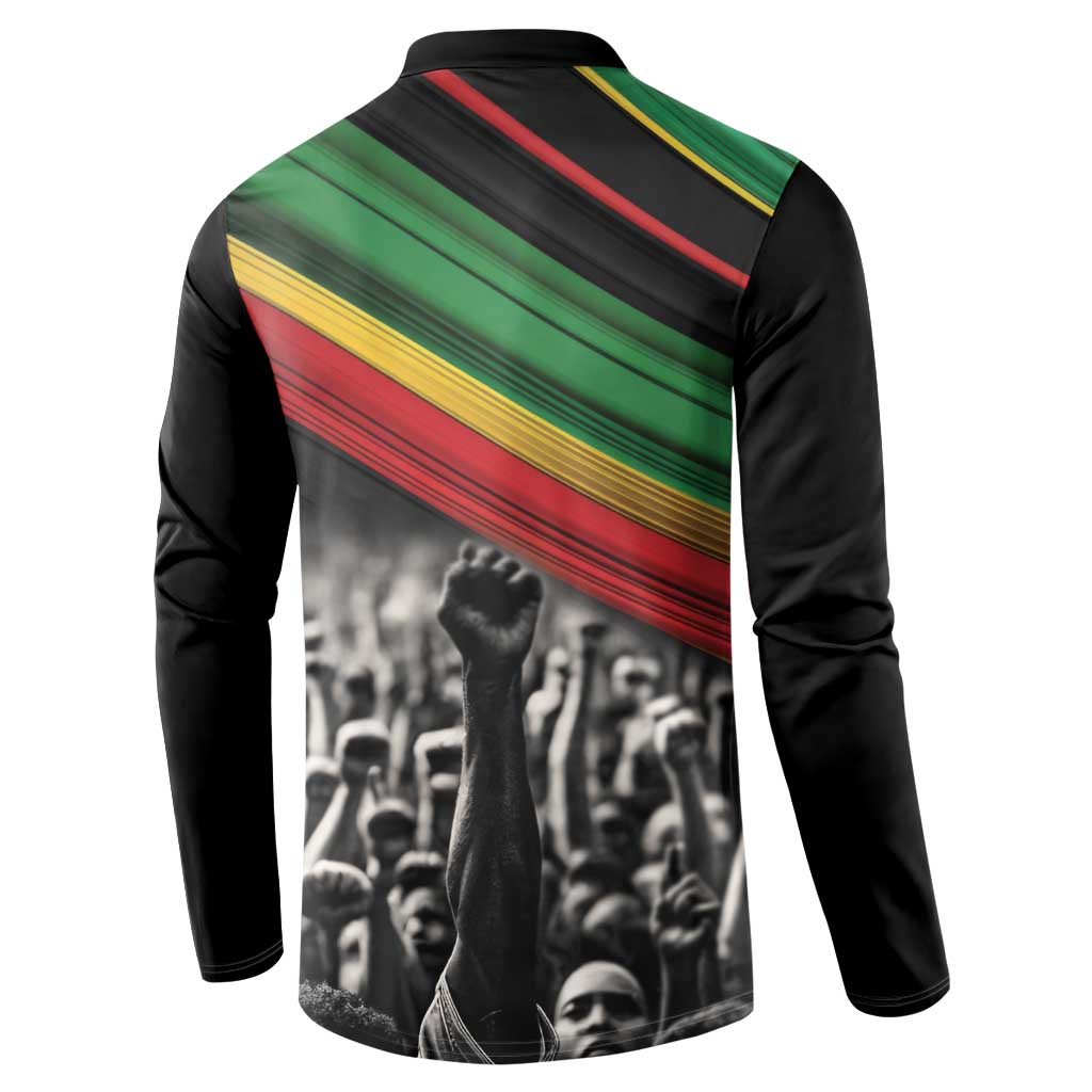 Black back button sweatshirt with Pan-African stripes and crowd raised-fist graphic