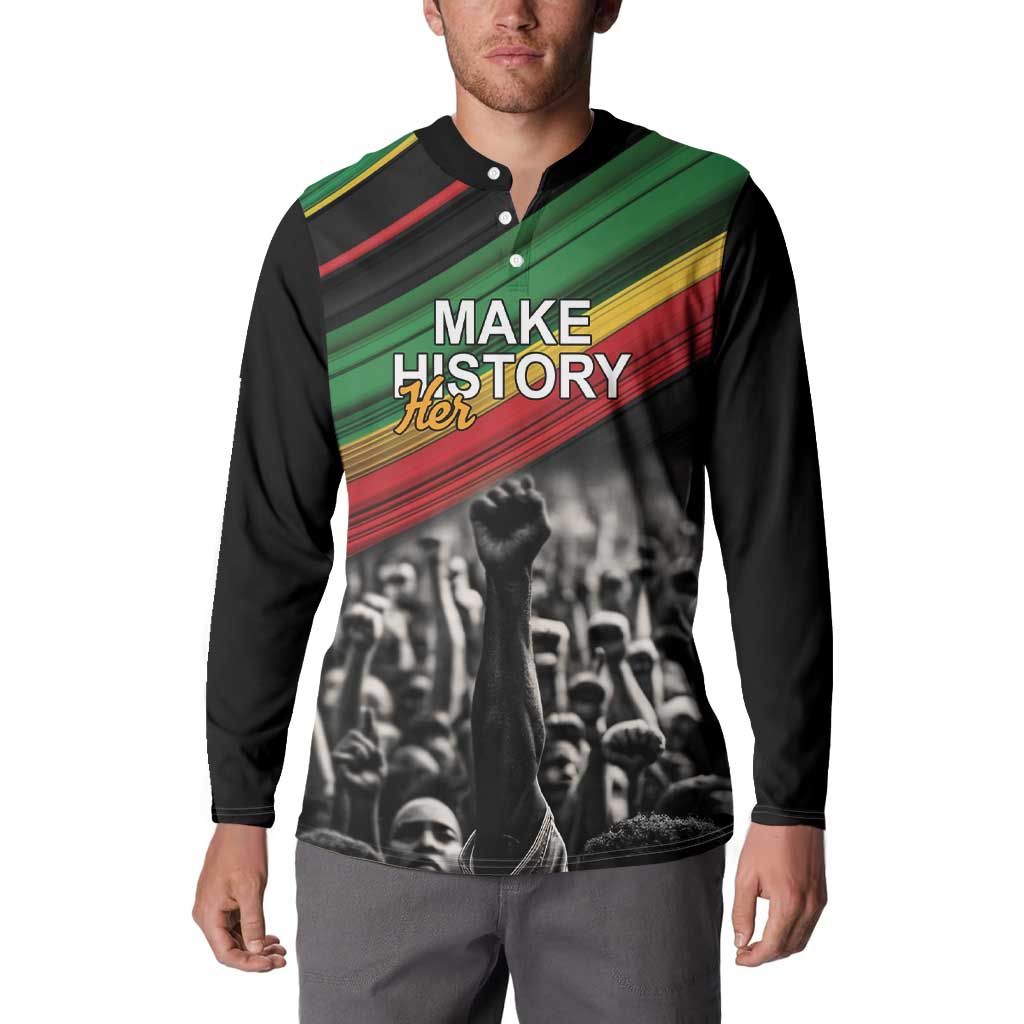 Black button-front sweatshirt with Make History Her text and crowd with raised fist