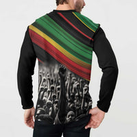 Black button-front sweatshirt back with Pan-African stripes and crowd rally photo print