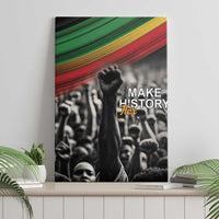 Framed canvas wall art featuring Pan-African stripes, raised fist woman, crowd, and “Make History Her”