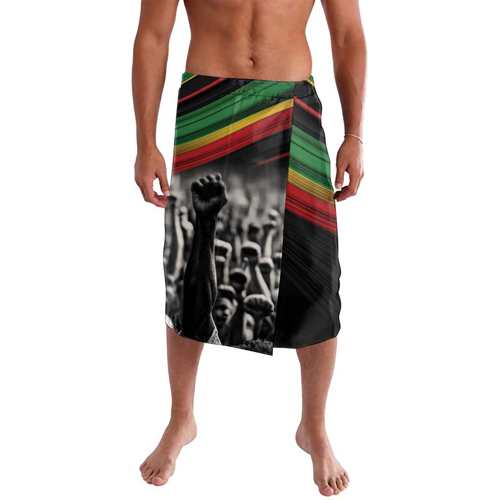 Black lavalava skirt with Pan-African stripes and raised-hands graphic