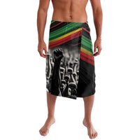Black lavalava skirt with Pan-African stripes and raised-hands graphic