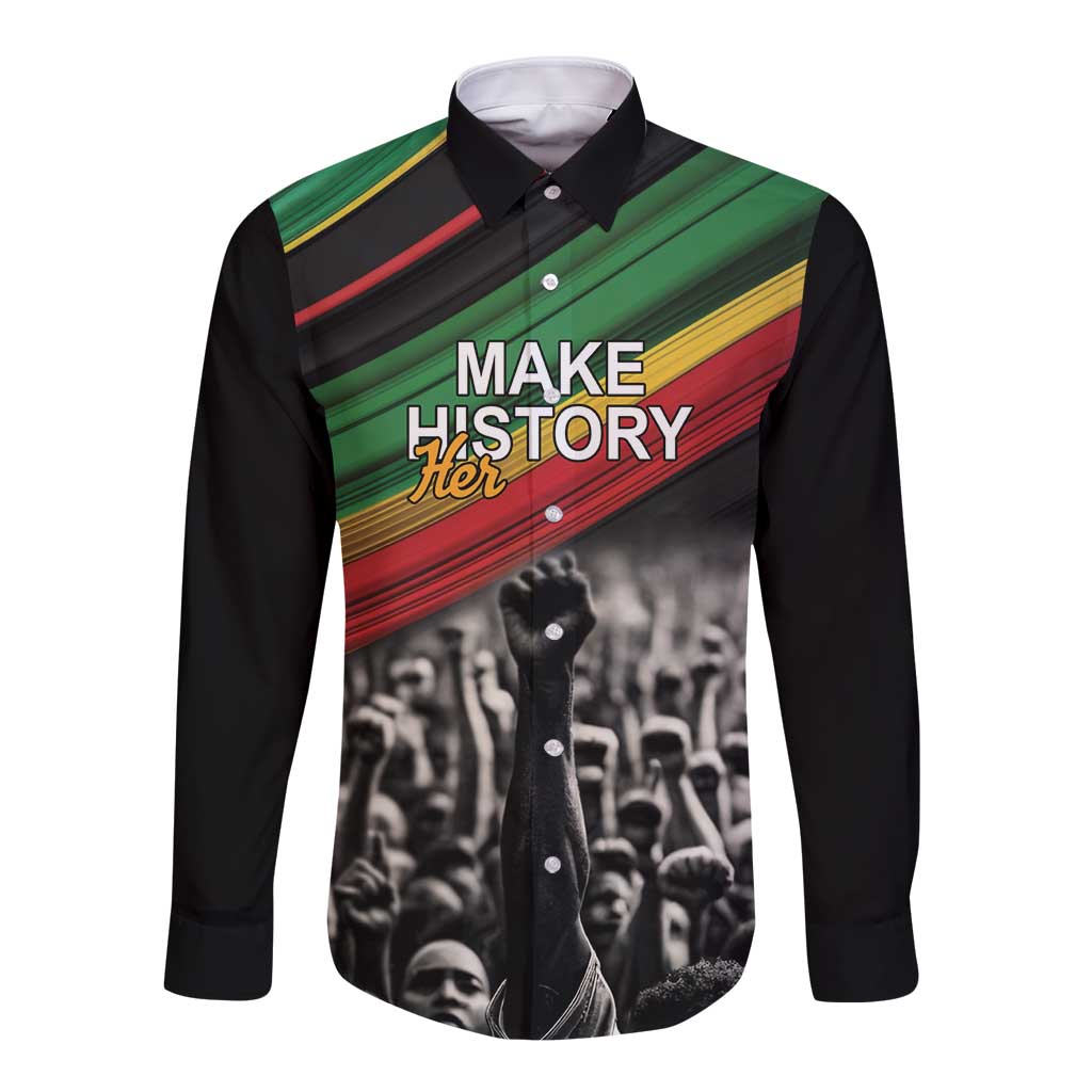 Unisex black long-sleeve button shirt with Make History text and fist graphic front