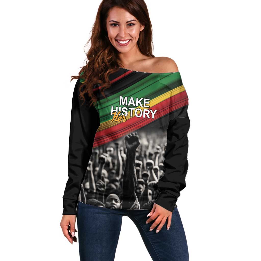 Make His-Herstories Off Shoulder Sweater Black Power Hand and Pan-African Flag