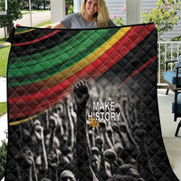Black quilt with Pan-African diagonal stripe and 'MAKE HISTORY Her' text, portrait graphic