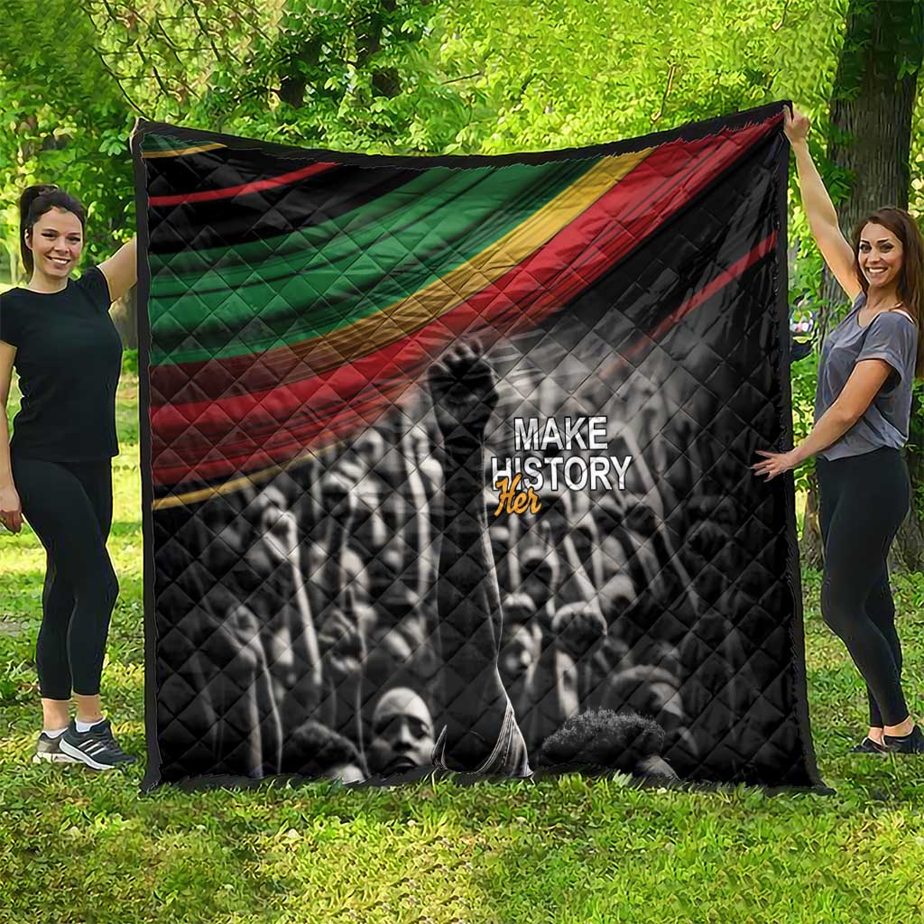 Black quilt blanket with quilted texture, Pan-African stripe and 'MAKE HISTORY Her' print