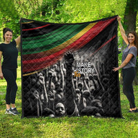 Black quilt blanket with quilted texture, Pan-African stripe and 'MAKE HISTORY Her' print