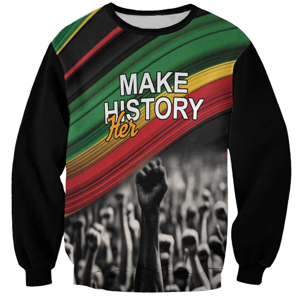 Unisex black sweatshirt with Make History Her front print and green-red stripe artwork