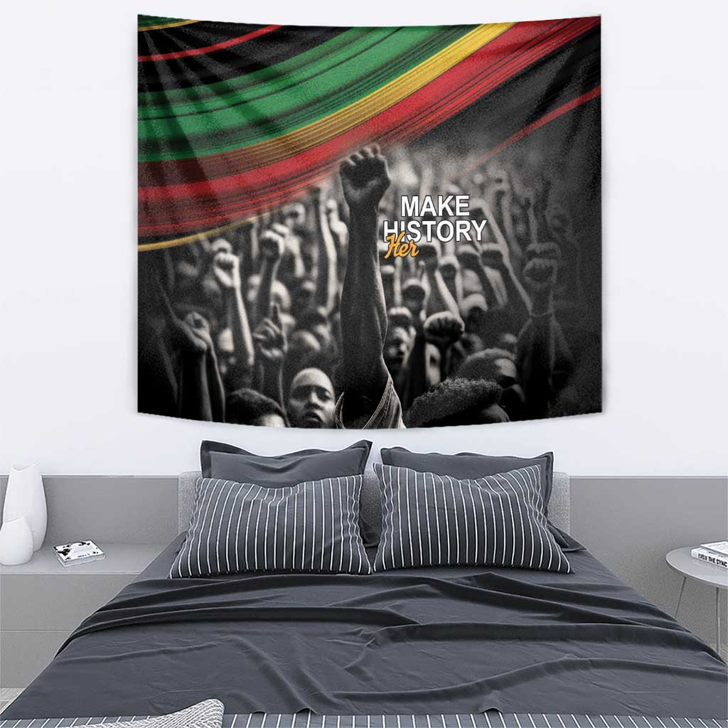 Black tapestry with multicolor stripe top, raised fist, crowd silhouettes, 'Make History' text