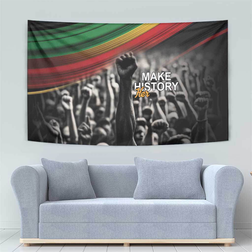 Black rectangular tapestry with multicolor stripe top, raised fist and crowd graphic