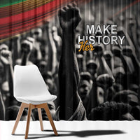 Black curtain featuring “Make History Her” text over crowd photo and diagonal stripe band