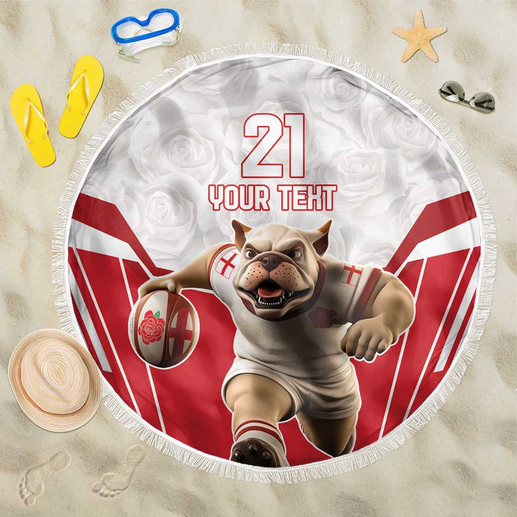 White round beach blanket with bulldog mascot, red England flag graphics, and fringe edge
