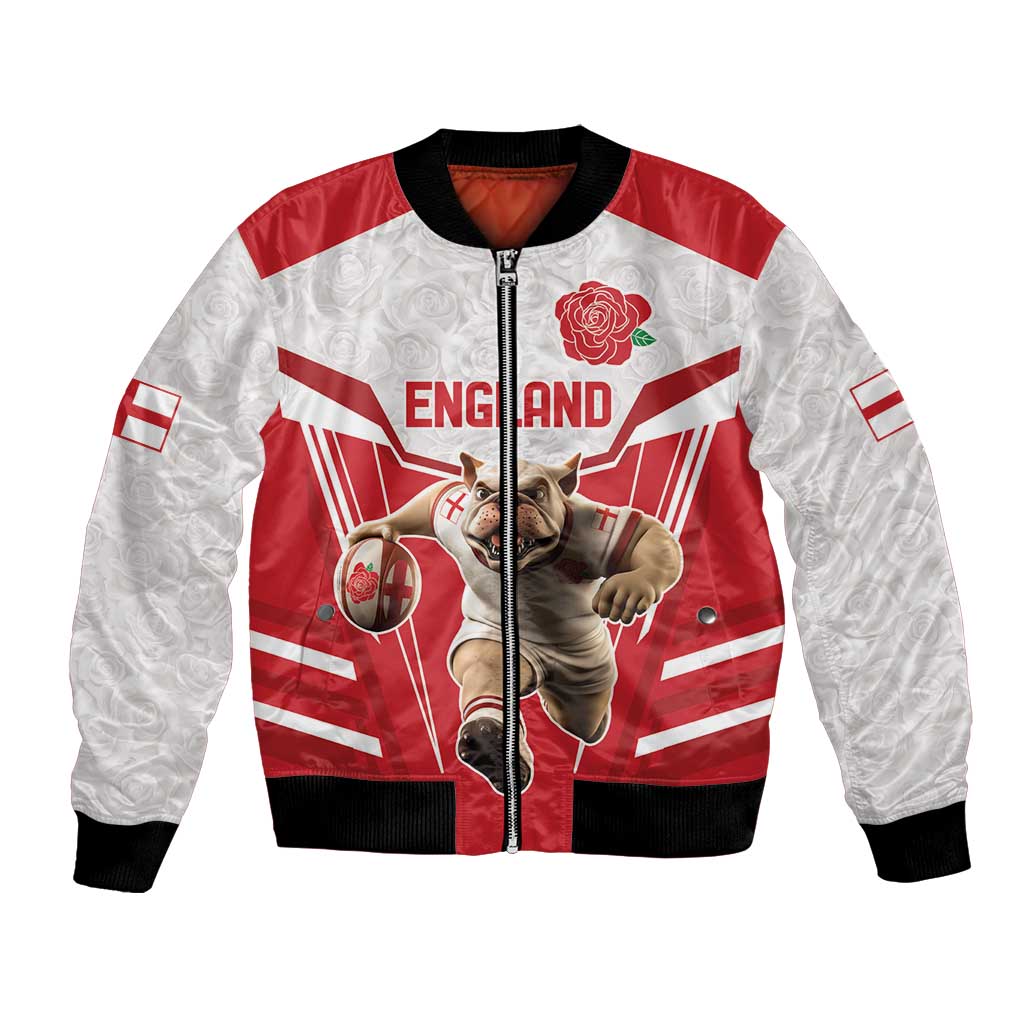 England rugby bomber jacket with bulldog mascot, red and white flag print, black ribbed cuffs