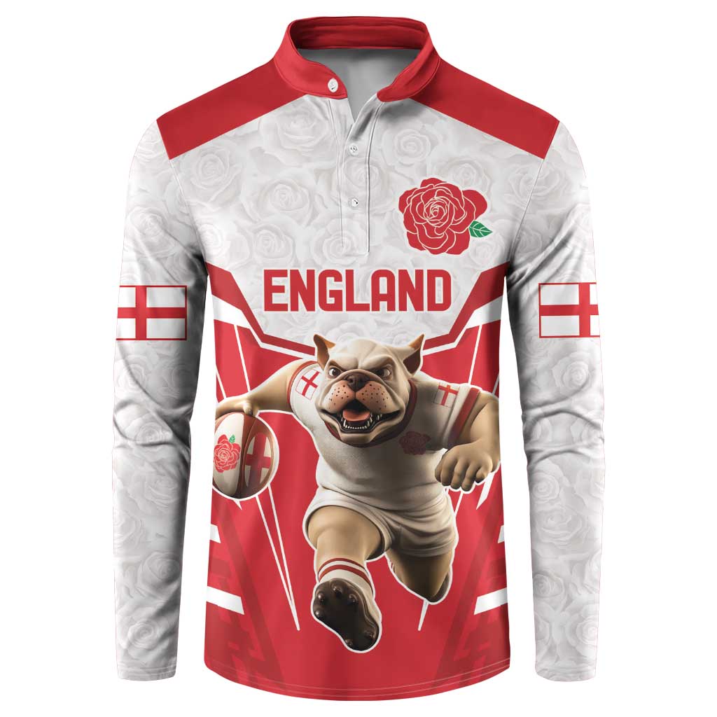 Men's red and white button-front sweatshirt with bulldog mascot and England graphic