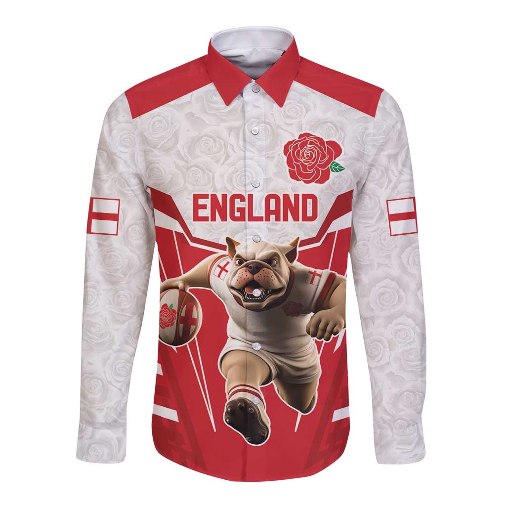 White long-sleeve button shirt with red England-themed graphic and bulldog mascot