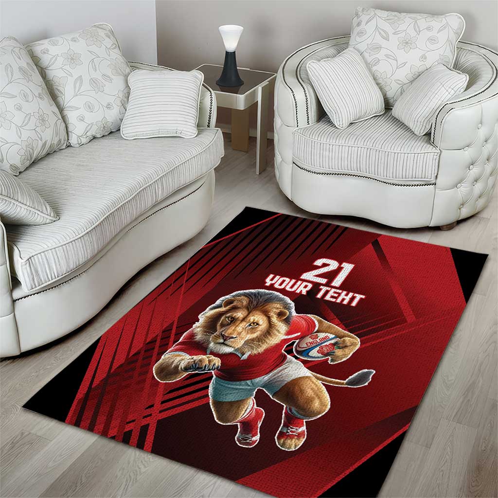 Red rug featuring a lion mascot running, with “21” and “YOUR TEHT”