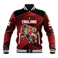 Red and black varsity baseball jacket with lion mascot, snap buttons, striped cuffs