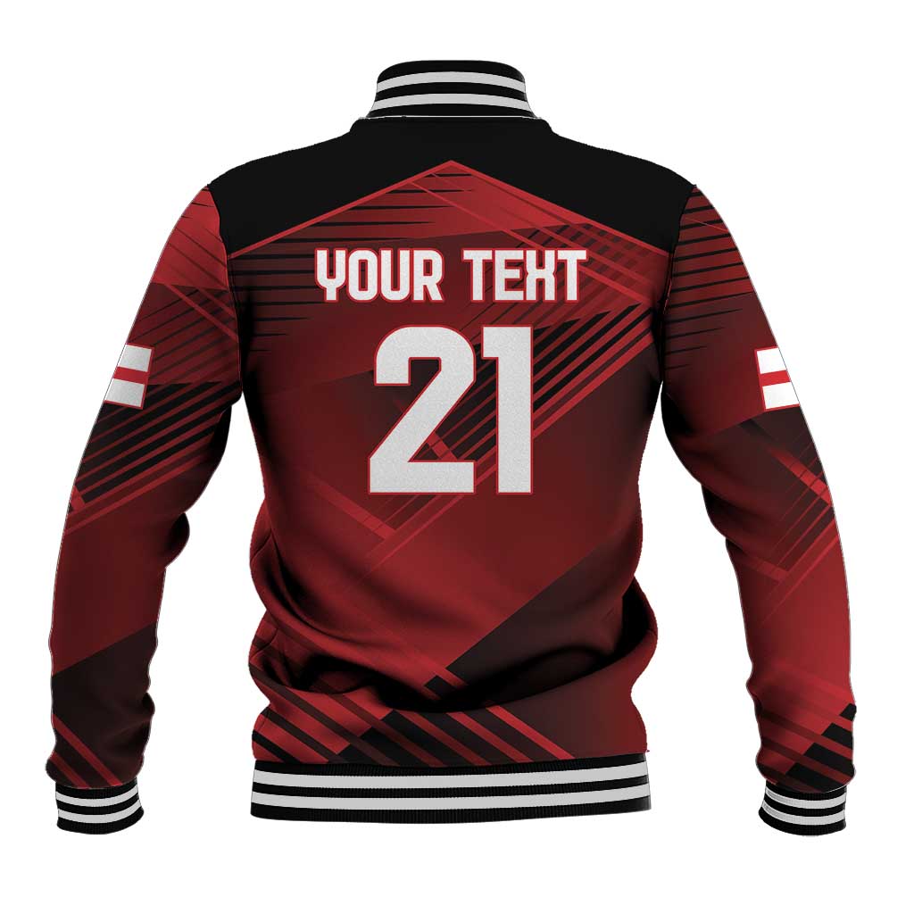 Back view red baseball jacket, black yoke, 'YOUR TEXT' and number 21, striped collar