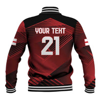 Back view red baseball jacket, black yoke, 'YOUR TEXT' and number 21, striped collar
