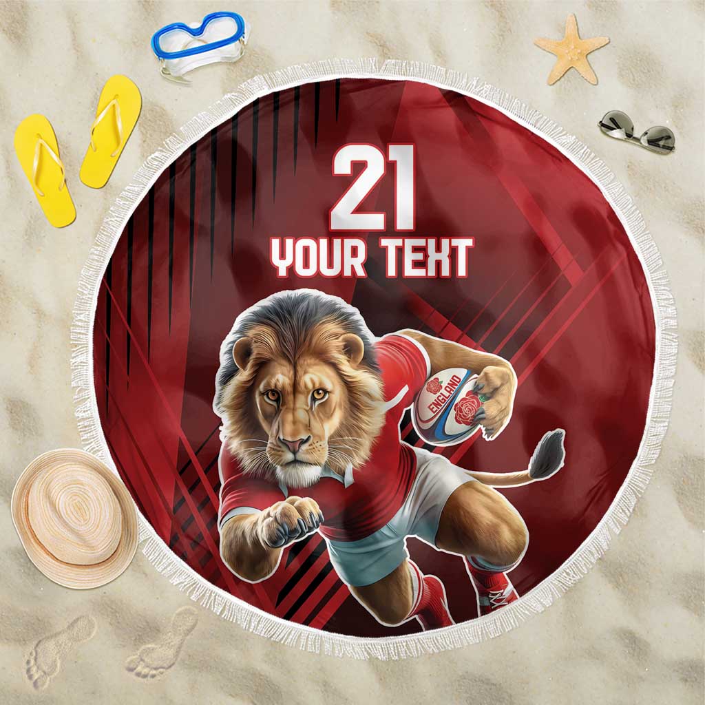 Red round beach blanket with lion mascot, '21 YOUR TEXT' and white fringe