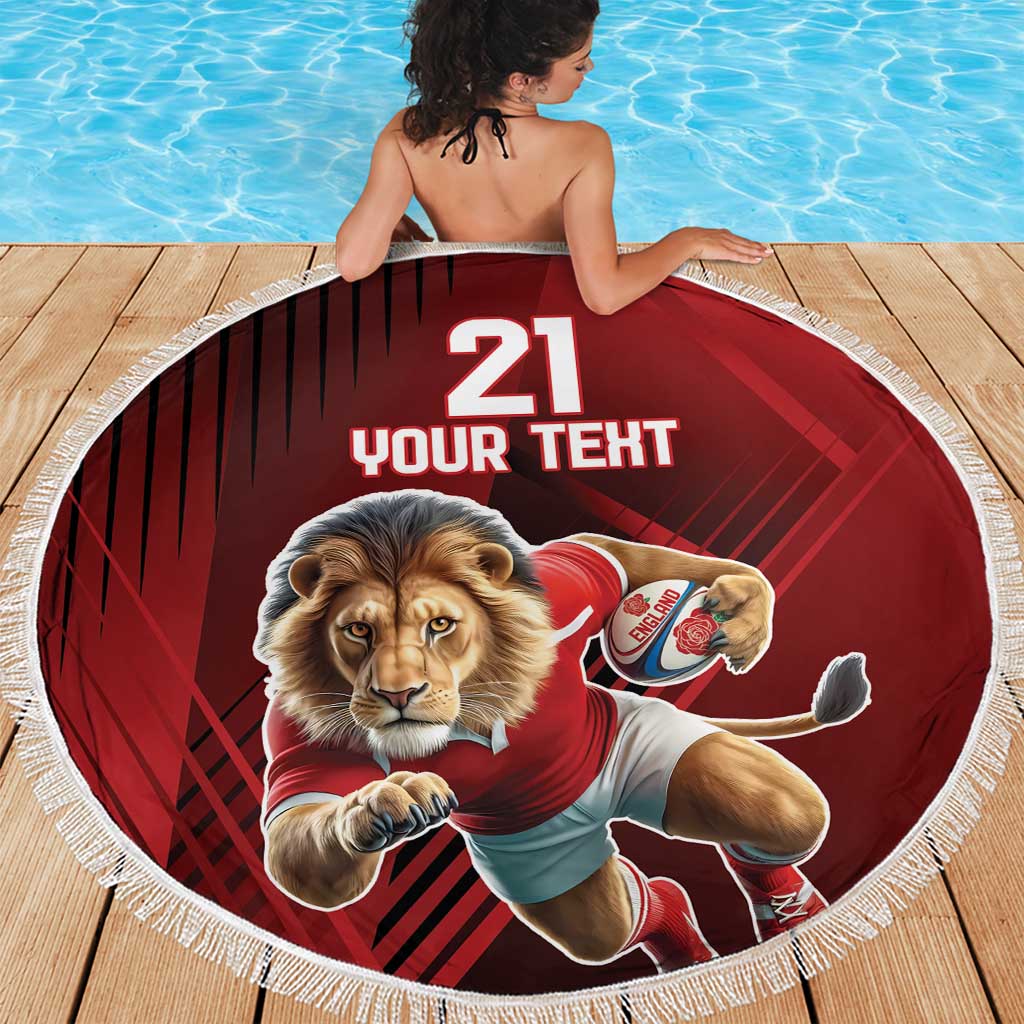 Red lion mascot beach blanket with '21 YOUR TEXT' circle and white fringe