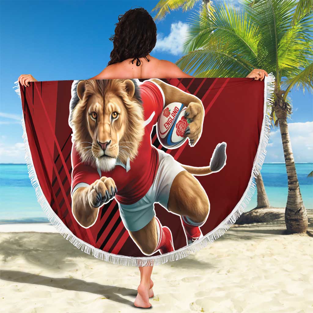 Red round lion mascot beach blanket held up, '21 YOUR TEXT' and white fringe