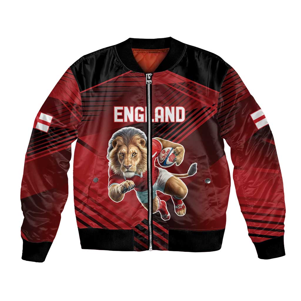 Red and black bomber jacket with full-zip front and lion mascot graphic on chest